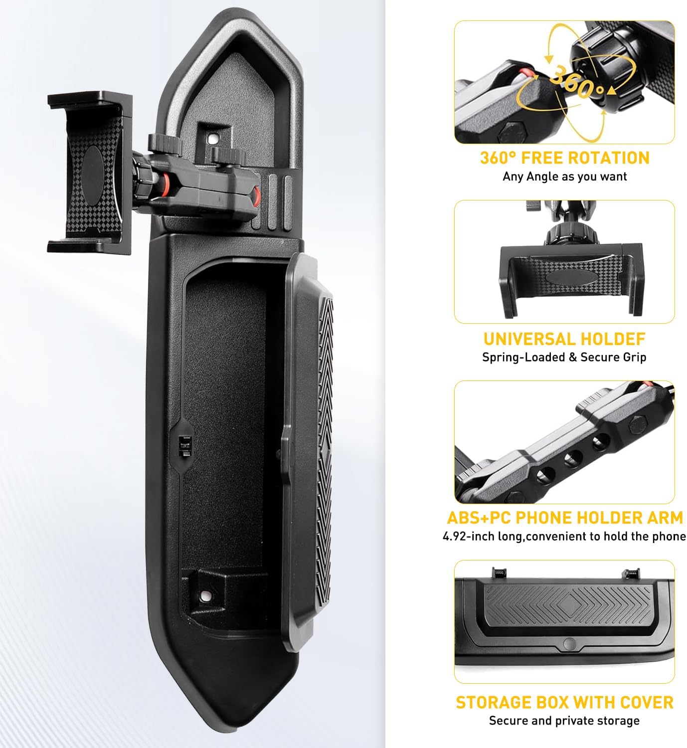 Dash Phone Mount Holder Compatible with 2018 2019 2020 2021 2022 2023 Jeep Wrangler JL 2/4 Door Gladiator JT, Center Console Storage Box Dashboard Tray, 360° Rotate Anti-Shake Jeep Accessories